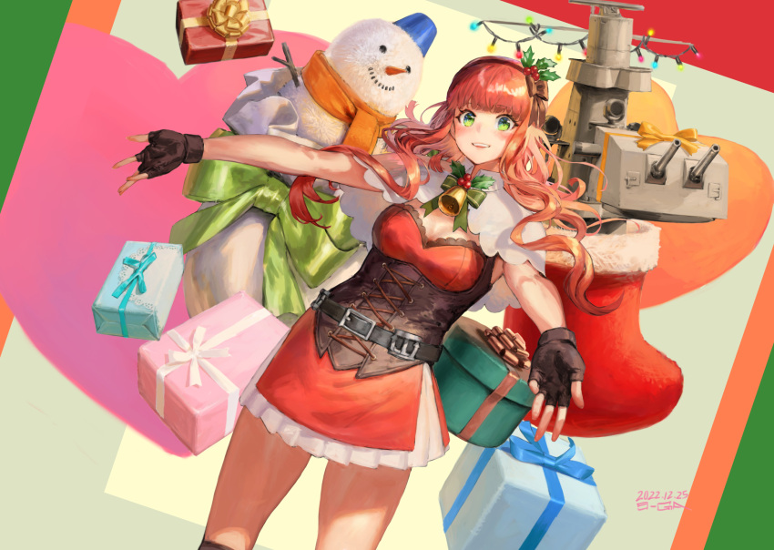 1girl, 9-ga, bangs, bell, blunt_bangs, box, braid, breasts, christmas, christmas_lights, christmas_ornaments, cowboy_shot, curly_hair, de_ruyter_(kancolle), fingerless_gloves, gift, gift_box, gloves, green_eyes, hair_ornament, highres, kantai_collection, long_hair, machinery, medium_breasts, outstretched_arms, redhead, side_braid, smile, snowman, turret
