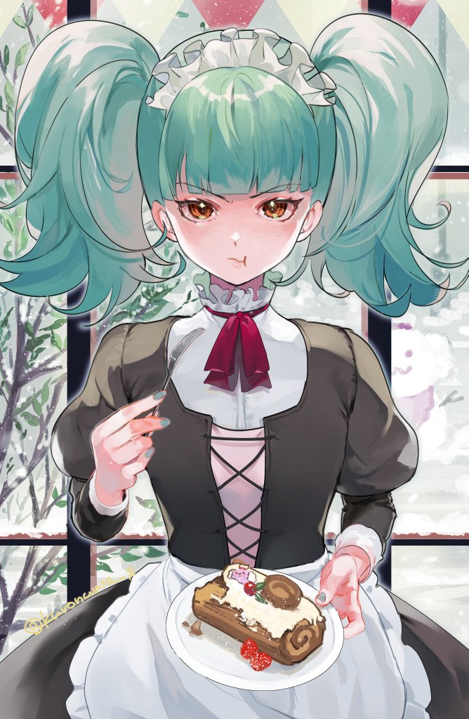 1girl, :t, apron, biburi_(precure), brown_eyes, cake, day, eating