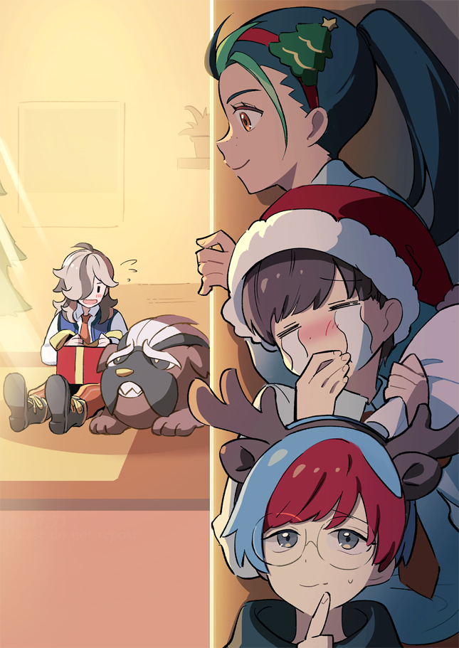 2boys, 2girls, arven_(pokemon), bangs, black_hair, black_hoodie, blue_hair, blush