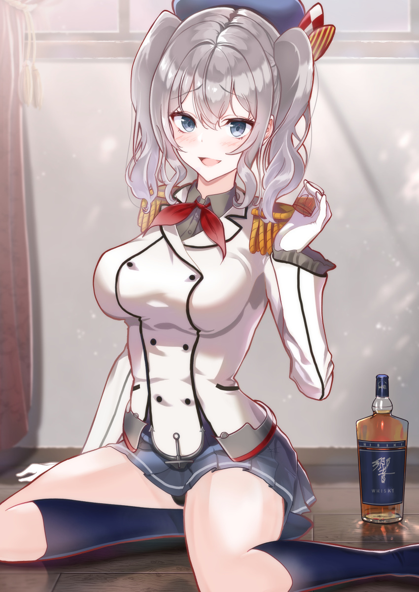 1girl, absurdres, alcohol, beret, black_headwear, black_skirt, black_socks, blue_eyes