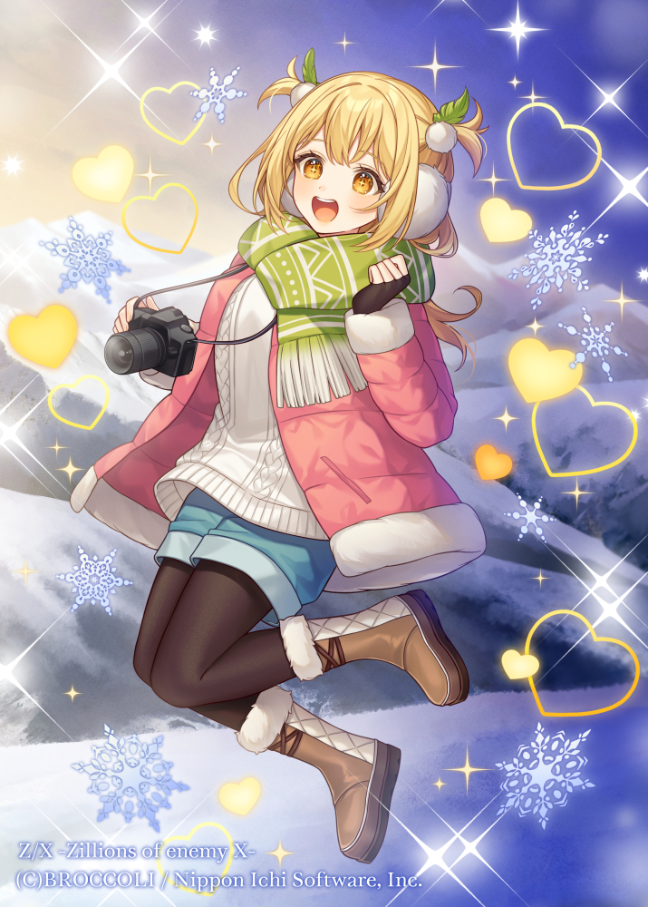1girl, :d, aran_sweater, bangs, black_gloves, black_pantyhose, blonde_hair, blue_shorts, boots, brown_footwear, cable_knit, camera, camera_around_neck, character_request, christmas, earmuffs, fingerless_gloves, fringe_trim, fur-trimmed_boots, fur-trimmed_jacket, fur-trimmed_sleeves, fur_trim, gloves, green_scarf, heart, jacket, karokuchitose, legwear_under_shorts, long_hair, long_sleeves, mountain, night, night_sky, official_art, open_clothes, open_jacket, orange_eyes, outdoors, pantyhose, pink_jacket, scarf, short_shorts, shorts, sky, smile, snow, snowflakes, solo, sweater, two_side_up, white_sweater, z/x