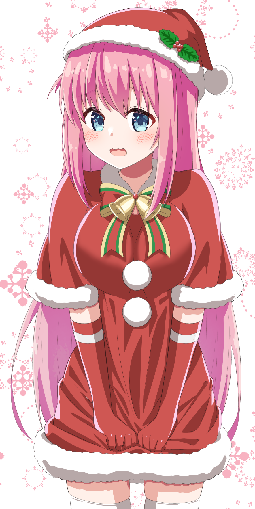 1girl, bangs, bell, blue_eyes, blush, bocchi_the_rock!, bow, capelet