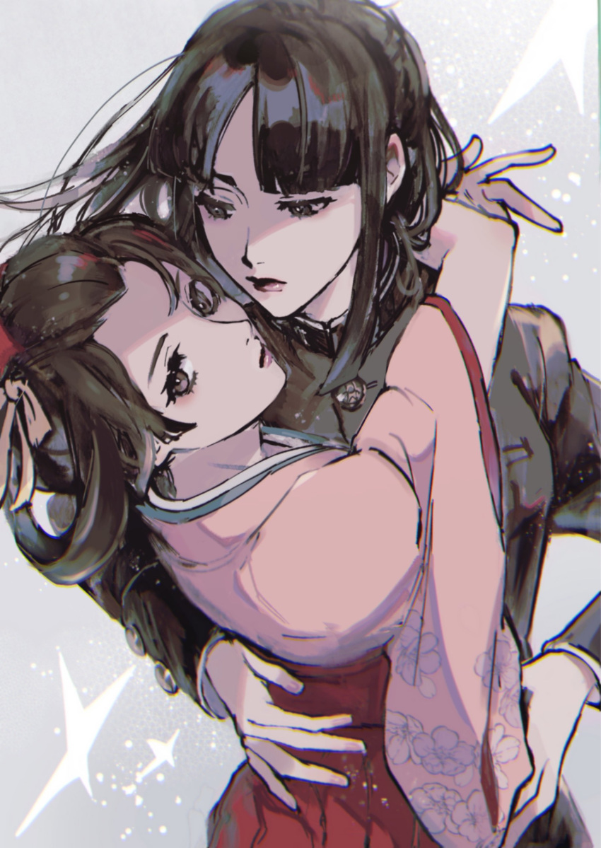 2girls, absurdres, ace_attorney, bangs, black_hair, black_jacket, blunt_bangs, brown_eyes