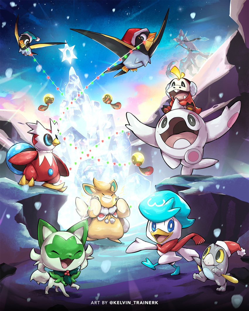 bird, cetoddle, chien-pao, christmas_lights, clothed_pokemon, commentary, frigibax, fuecoco