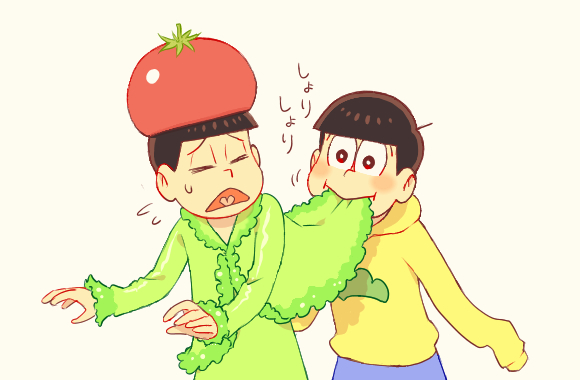 2boys, brothers, capelet, eating, eating_clothes, food-themed_hair_ornament, food_as_clothes, green_capelet
