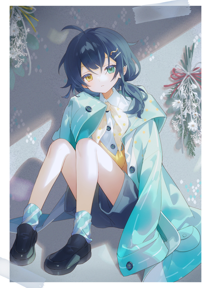 1girl, bangs, black_footwear, black_hair, black_shorts, blue_jacket, closed_mouth, collared_shirt