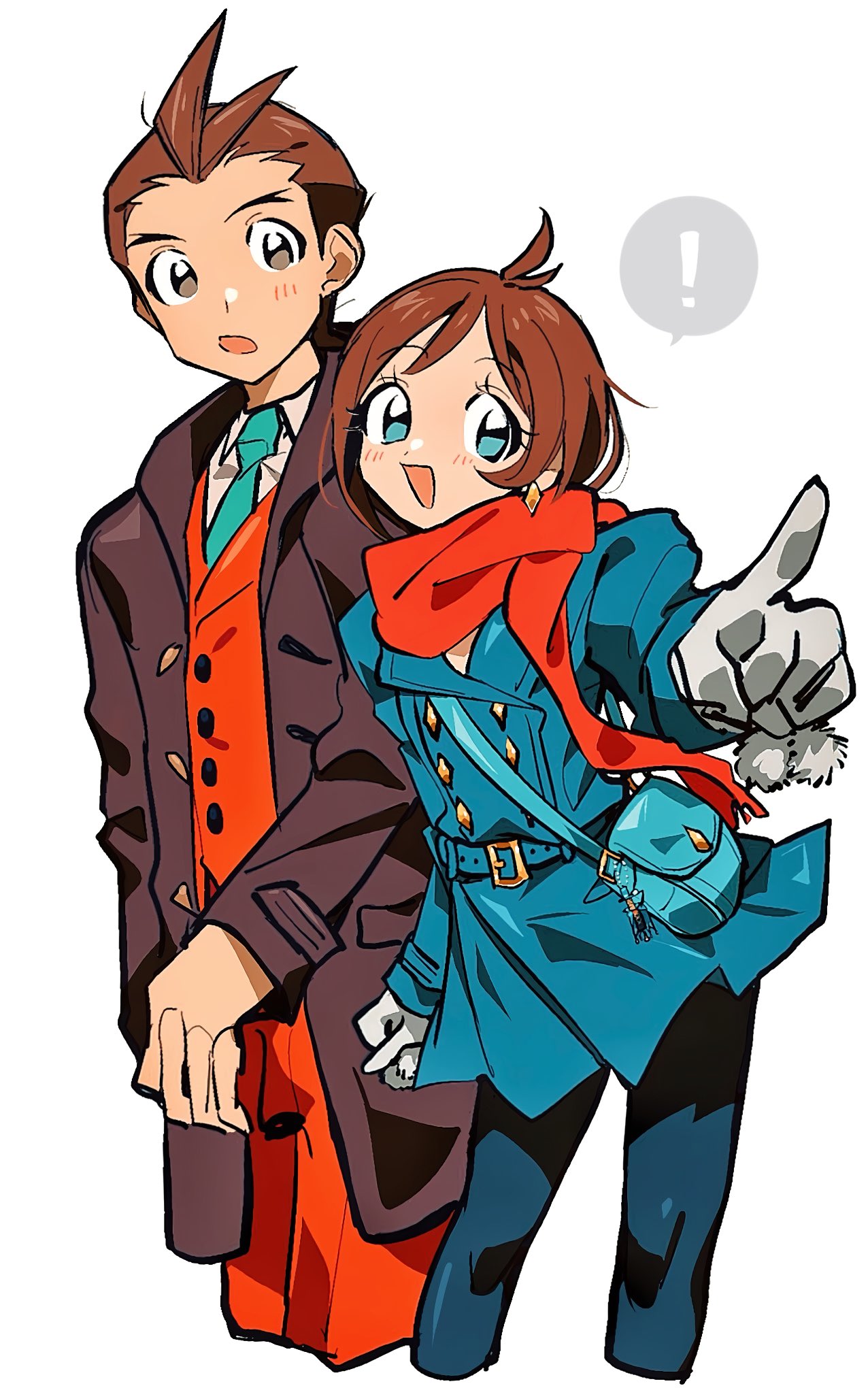 !, 1boy, 1girl, ace_attorney, antenna_hair, apollo_justice, apollo_justice:_ace_attorney, bag