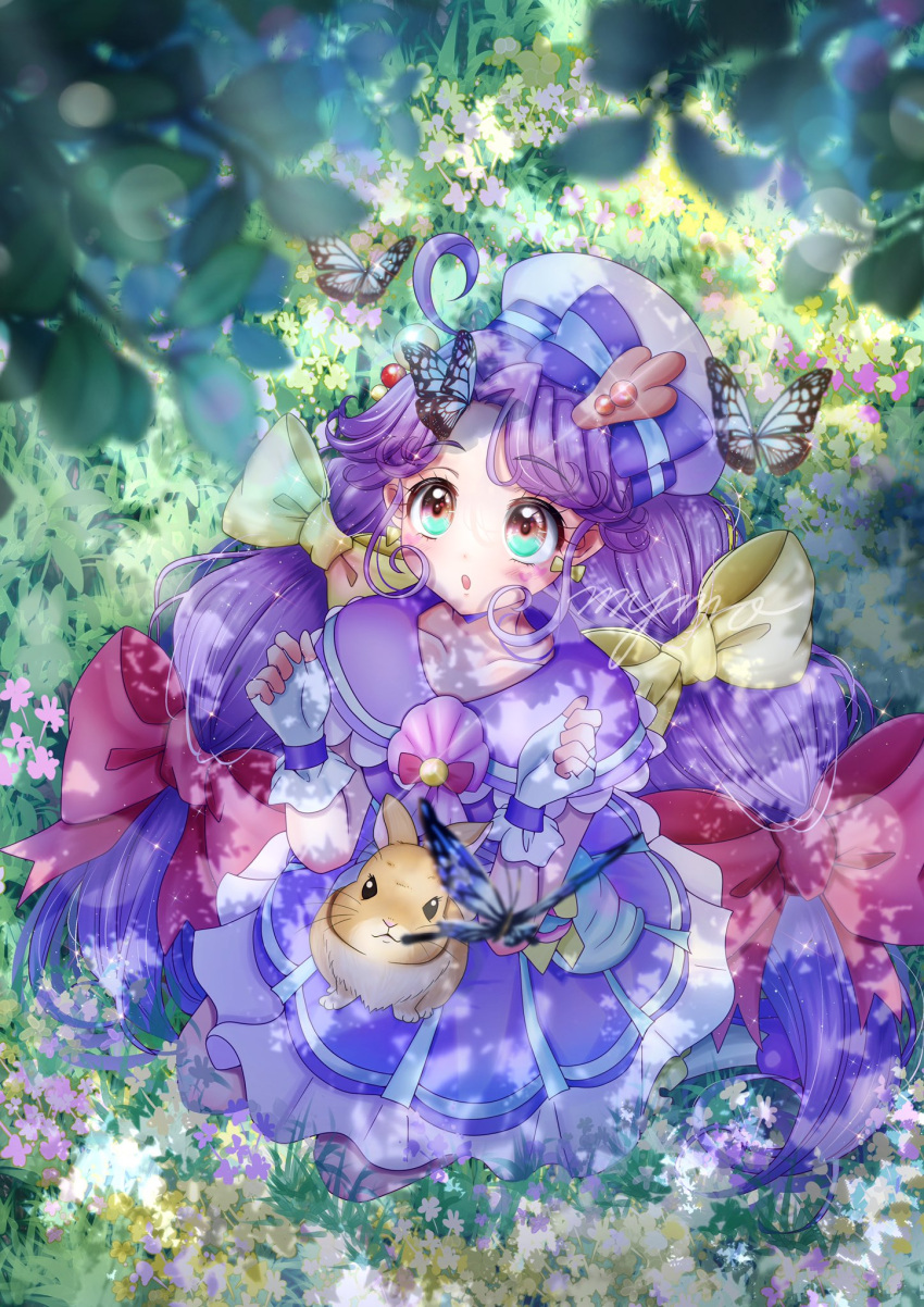 1girl, ahoge, animal_on_lap, bangs, blue_bow, blue_eyes, blush, bow, bow_earrings, bug, butterfly, choker, cure_coral, earrings, gradient_eyes, hair_bow, hat, highres, jewelry, long_hair, magical_girl, multi-tied_hair, multicolored_eyes, multiple_hair_bows, mymo0527, on_grass, on_lap, open_mouth, pink_bow, pink_eyes, precure, purple_choker, purple_hair, rabbit, sailor_hat, solo, suzumura_sango, tropical-rouge!_precure, yellow_bow