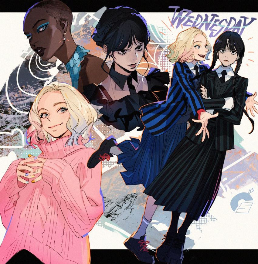 3girls, addams_family, bangs, bare_shoulders, bianca_barclay, black_footwear, black_hair, black_jacket
