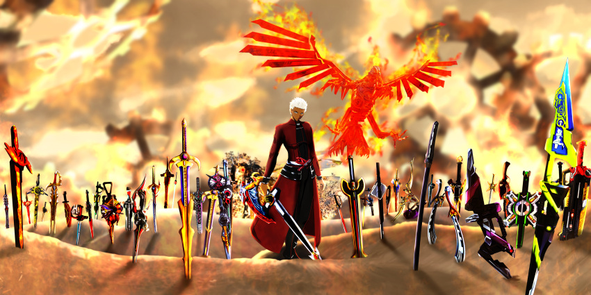 1boy, absurdres, archer_(fate), armor, crossover, dark-skinned_male, dark_skin, fate/stay_night, fate/unlimited_blade_works, fate_(series), field_of_blades, grey_eyes, highres, holding, holding_sword, holding_weapon, kamen_rider, kamen_rider_01_(series), kamen_rider_555, kamen_rider_agito_(series), kamen_rider_blade_(series), kamen_rider_build_(series), kamen_rider_dcd, kamen_rider_den-o_(series), kamen_rider_drive_(series), kamen_rider_ex-aid_(series), kamen_rider_fourze_(series), kamen_rider_gaim_(series), kamen_rider_geats_(series), kamen_rider_ghost_(series), kamen_rider_hibiki_(series), kamen_rider_kabuto_(series), kamen_rider_kiva_(series), kamen_rider_kuuga_(series), kamen_rider_ooo_(series), kamen_rider_revice, kamen_rider_ryuki_(series), kamen_rider_saber_(series), kamen_rider_w, kamen_rider_wizard_(series), kamen_rider_zi-o_(series), kasanekirari, planted, planted_sword, short_hair, sword, too_many_weapons, unlimited_blade_works_(fate), weapon, weapon_request, white_hair