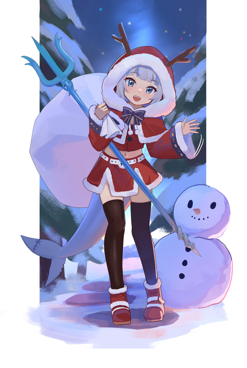 1girl, absurdres, belt, blue_eyes, blue_hair, christmas, fish_tail, gawr_gura