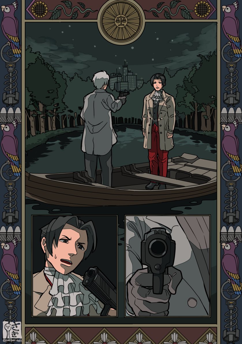 2boys, ace_attorney, ascot, bird, black_hair, boat, formal, full_body