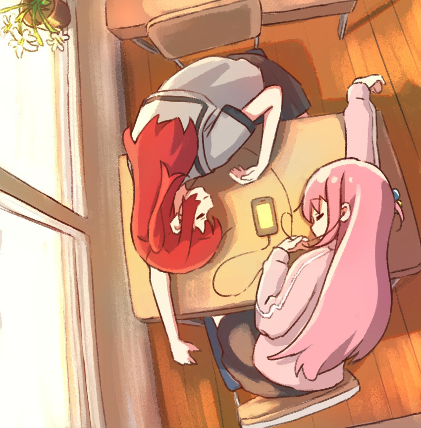 album_cover_redraw, baek_ye-rin, bocchi_the_rock!, cellphone, classroom, cube_hair_ornament, derivative_work, earphones