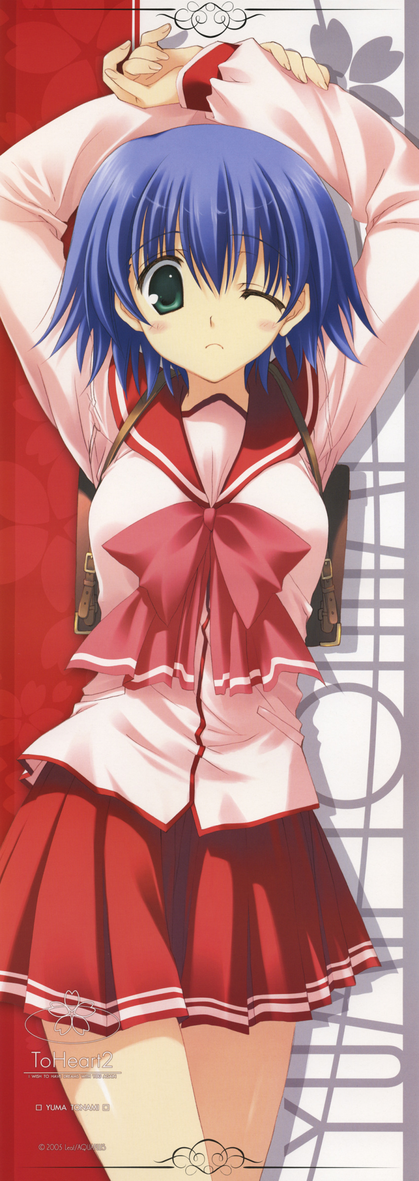 bag, blue_hair, blush, green_eyes, highres, long_image, mitsumi_misato, school_bag