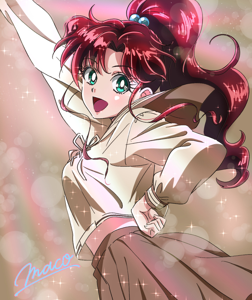 arm_up, bangs, bishoujo_senshi_sailor_moon, brown_hair, brown_sailor_collar, brown_skirt, green_eyes, hagumi_tmg