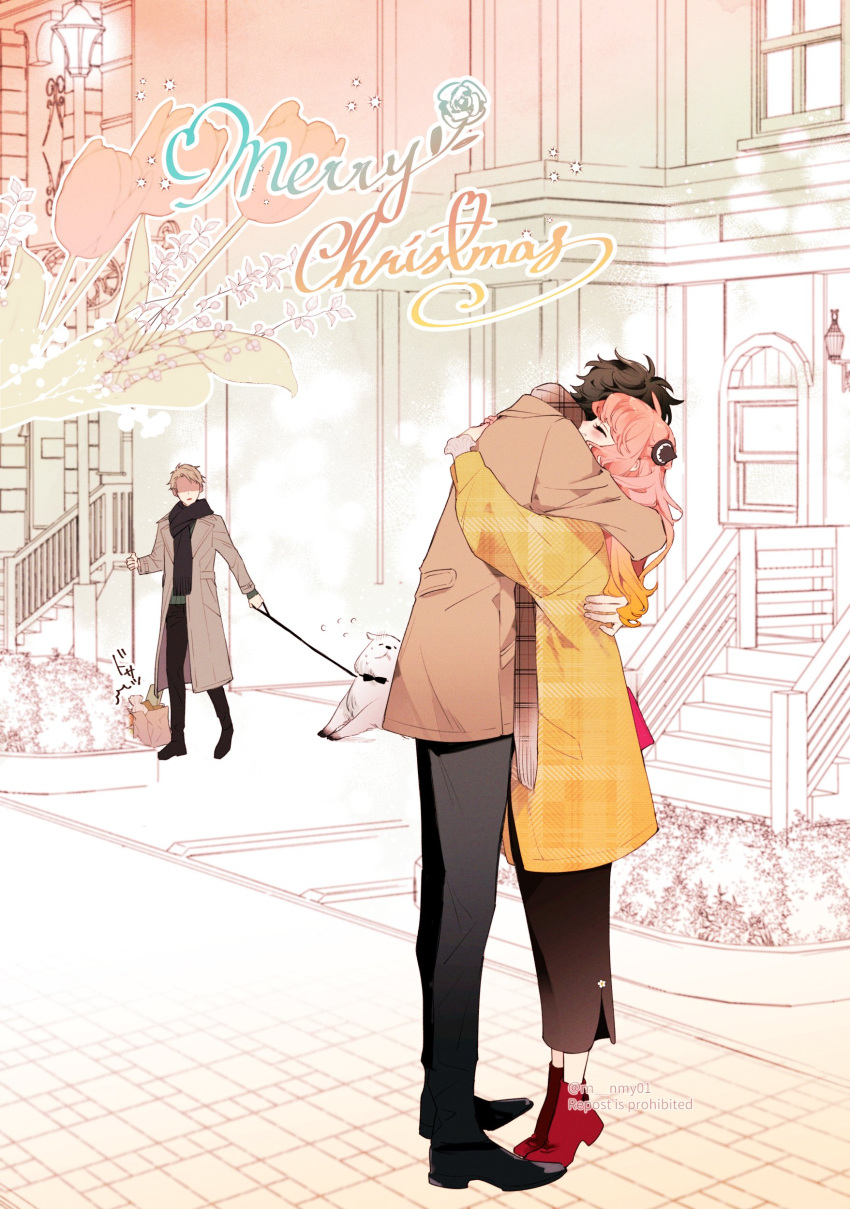 1girl, 2boys, absurdres, aged_up, anya_(spy_x_family), blush, bond_(spy_x_family), brown_hair