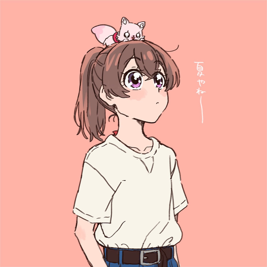 1girl, animal_on_head, bangs, belt, blush, brown_hair, delicious_party_precure, highres, kome-kome_(precure), long_hair, nagomi_yui, on_head, pink_background, ponytail, precure, shirt, solo, t-shirt, violet_eyes, white_shirt, yufu_kyouko