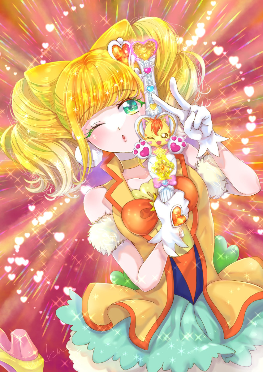 aqua_eyes, bangs, blonde_hair, blunt_bangs, choker, commentary_request, cone_hair_bun, cure_sparkle, earrings, gloves, hair_bun, hair_ornament, healin'_good_precure, healing_wand, heart, heart_hair_ornament, highres, hiramitsu_hinata, jewelry, long_hair, magical_girl, one_eye_closed, open_mouth, pom_pom_(clothes), pom_pom_earrings, precure, twintails, v, vest, waka_(negronoir), white_gloves, yellow_choker, yellow_vest