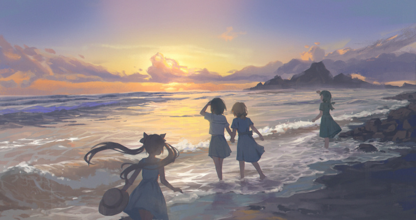 4girls, arm_up, black_hair, blonde_hair, clouds, commentary_request, dress, floating_hair