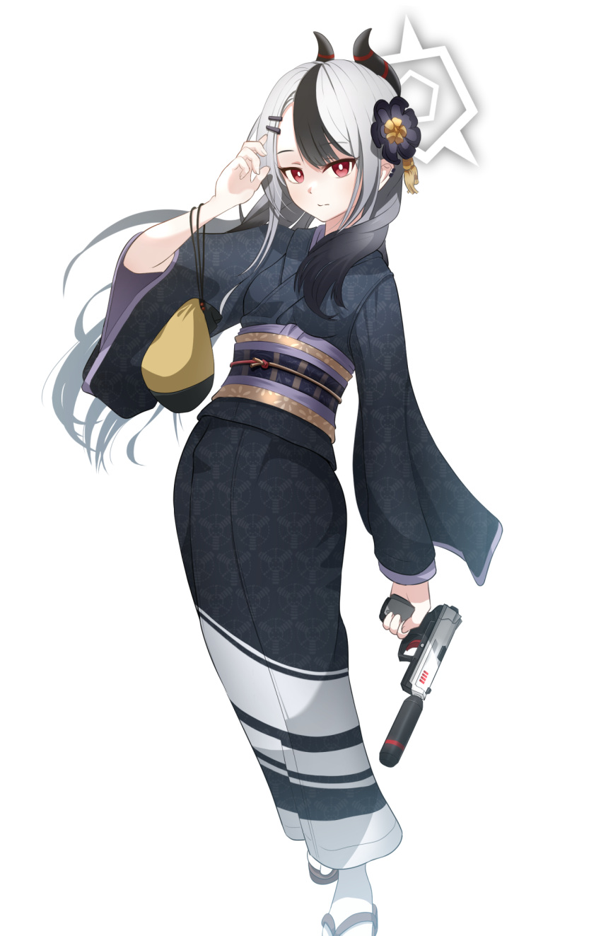 1girl, bag, black_hair, blue_archive, flower, full_body, grey_hair, gun, hair_flower, hair_ornament, halo, highres, holding, holding_gun, holding_weapon, horns, japanese_clothes, kayoko_(blue_archive), kayoko_(new_year)_(blue_archive), kimono, long_hair, long_sleeves, looking_at_viewer, multicolored_hair, obi, red_eyes, sash, she100legs, simple_background, solo, standing, suppressor, two-tone_hair, weapon, white_background