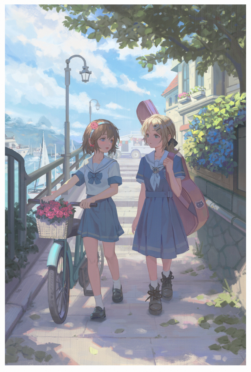 2girls, absurdres, bangs, bicycle, black_footwear, blue_eyes, blue_skirt, brown_hair