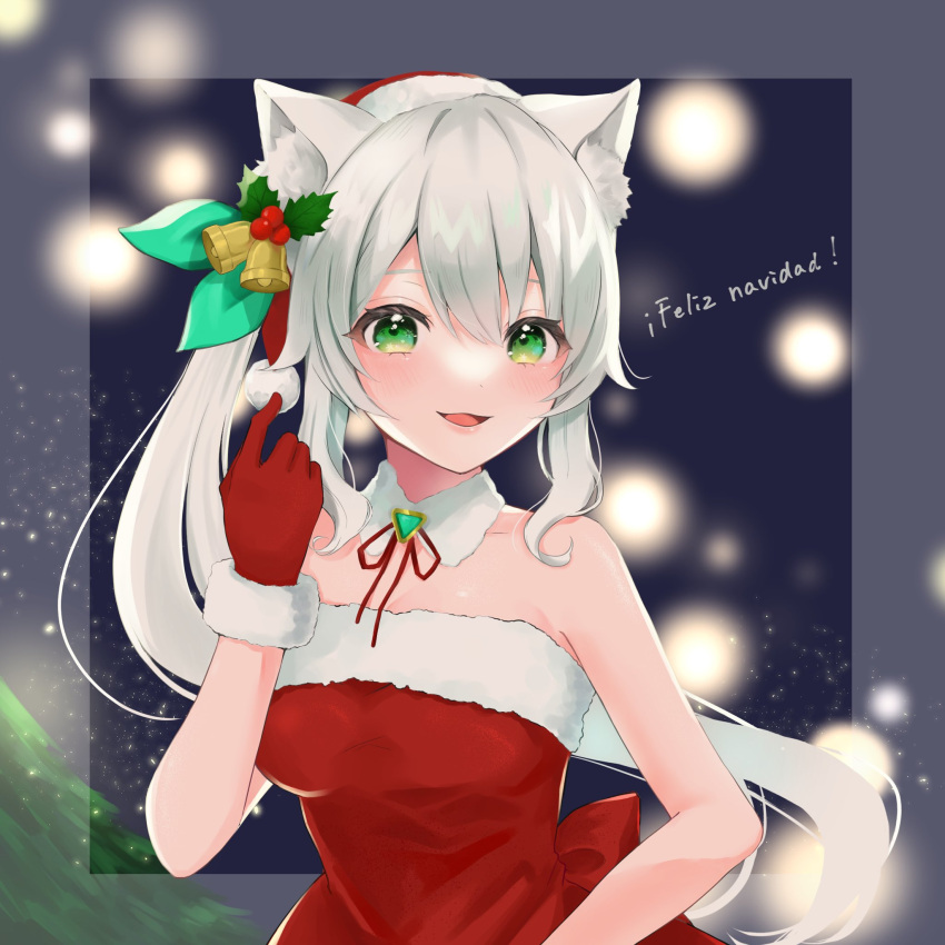 1girl, animal_ear_fluff, animal_ears, bangs, bare_arms, bare_shoulders, bell, blurry