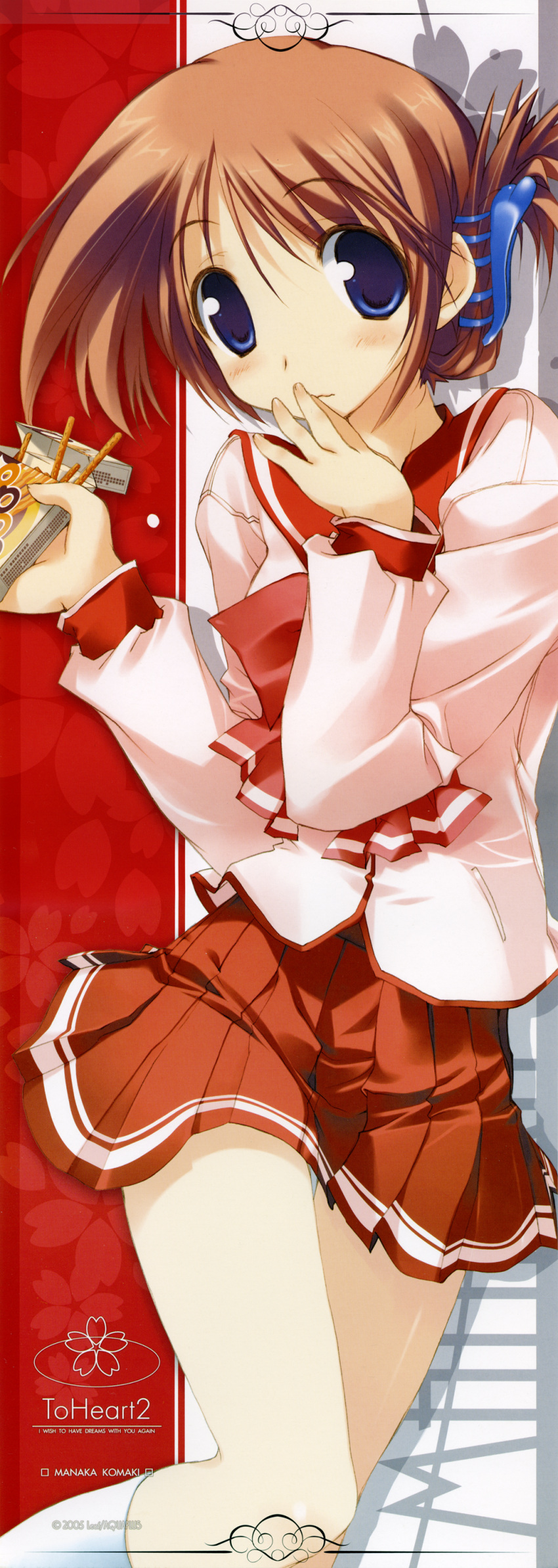 amazuyu_tatsuki, blue_eyes, blush, brown_hair, highres, komaki_manaka, long_image, pocky