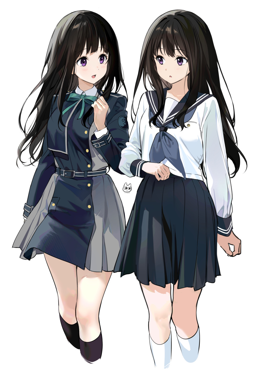 2girls, :d, :o, bangs, belt, black_hair, black_skirt, blue_belt