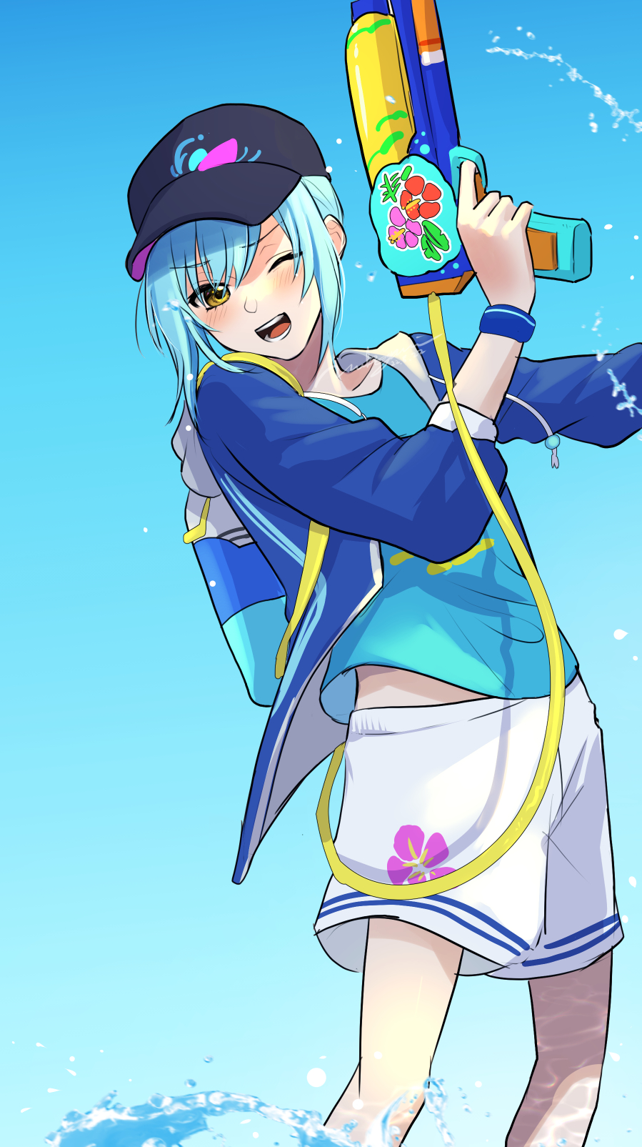 1other, ;d, ambiguous_gender, androgynous, bangs, baseball_cap, black_headwear, blue_background