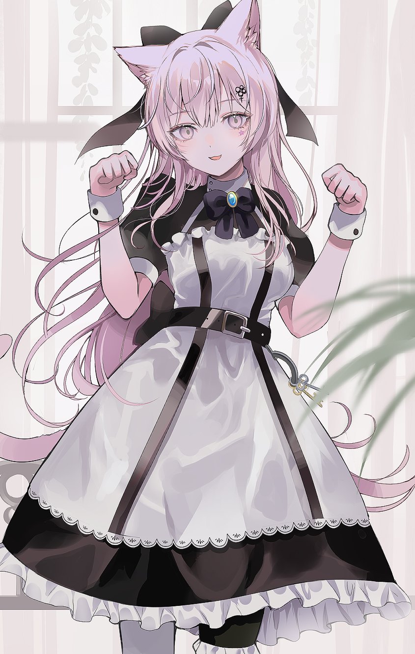 1girl, animal_ear_fluff, animal_ears, asymmetrical_legwear, bangs, belt, belt_buckle, black_belt