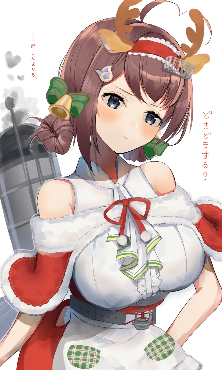 1girl, absurdres, apron, blush, braid, breasts, brown_hair, capelet