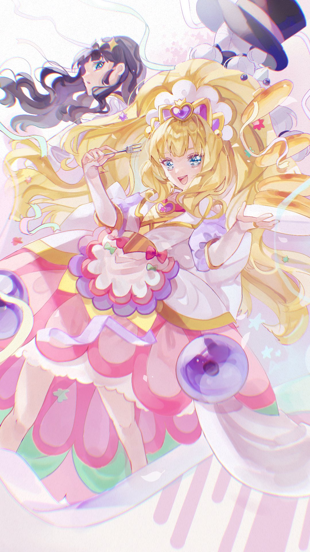1girl, apron, black_hair, blonde_hair, blue_eyes, braid, bridal_gauntlets, cure_finale