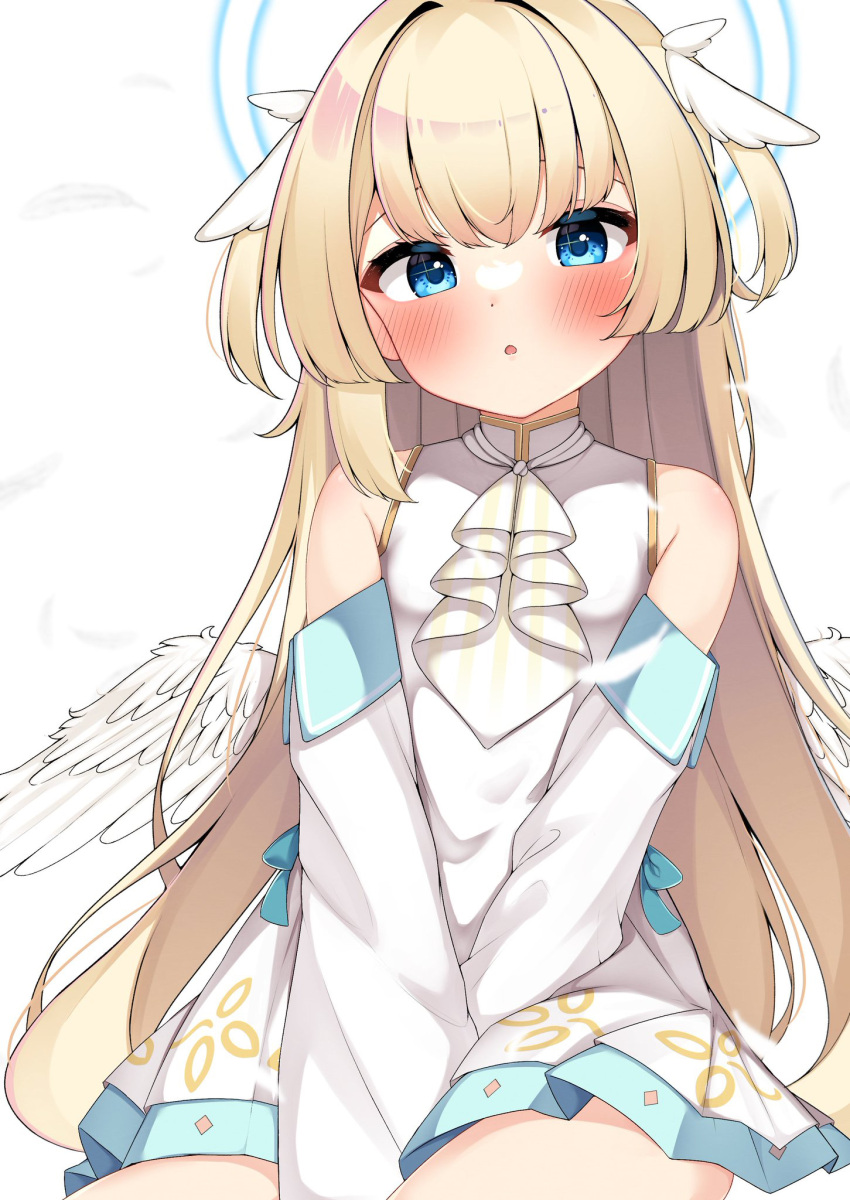 +_+, 1girl, aqua_ribbon, arms_between_legs, ascot, bangs, blue_eyes, blue_halo