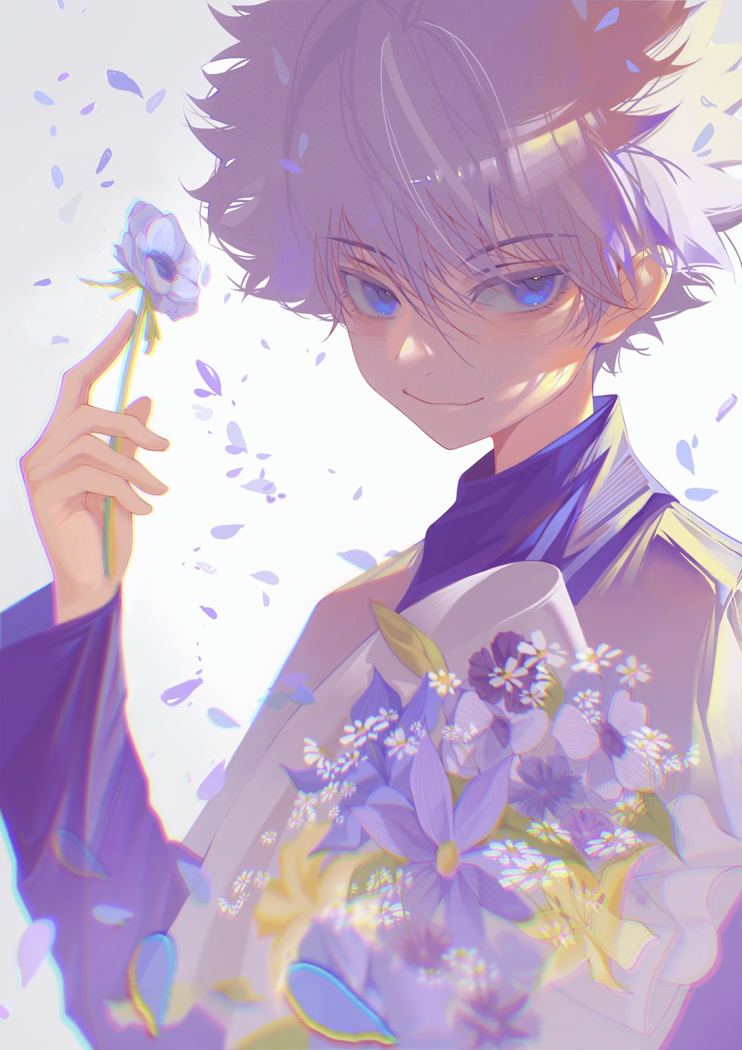 1boy, blue_eyes, commentary, commentary_request, feitian5575, flower, highres, hunter_x_hunter, killua_zoldyck, long_sleeves, looking_at_viewer, male_child, male_focus, short_hair, simple_background, smile, solo, spiky_hair, turtleneck, white_hair