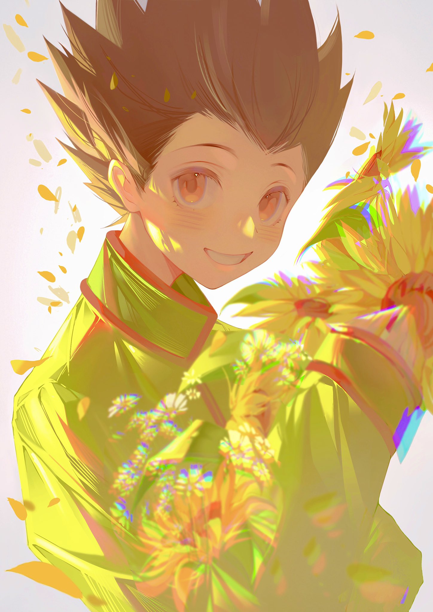 1boy, black_hair, brown_eyes, commentary, commentary_request, feitian5575, flower, gon_freecss