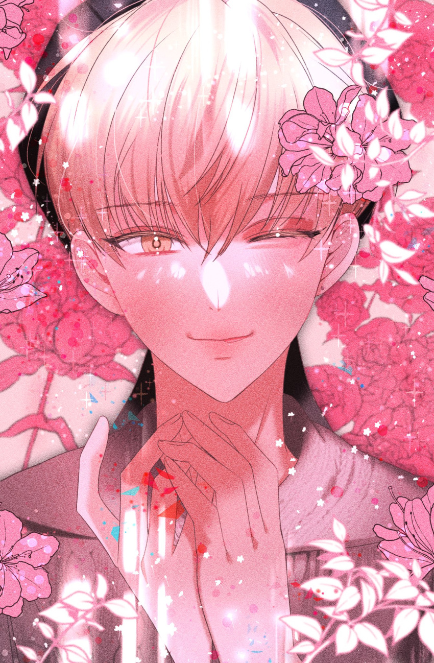 1boy, bangs, black_headwear, blonde_hair, cardigan, character_request, closed_mouth, commentary_request, debwi_mos_hamyeon_jugneun_byeong_geollim, flower, hair_between_eyes, hair_flower, hair_ornament, highres, korean_commentary, looking_at_viewer, male_focus, one_eye_closed, own_hands_together, pink_flower, pink_theme, short_hair, smile, solo, sparkle, sum_i, upper_body, yellow_eyes