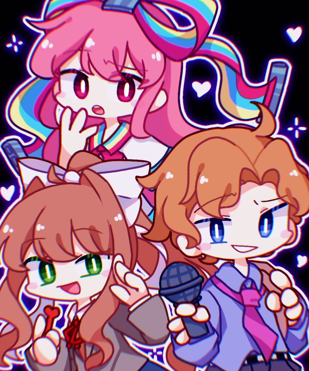 1boy, 2girls, ahoge, bangs, blazer, blue_eyes, blue_shirt, blue_skirt, bright_pupils, brown_hair, chibi, collared_shirt, commentary, crossover, doki_doki_literature_club, english_commentary, friday_night_funkin', giffany, gravity_falls, green_eyes, grey_jacket, grin, hair_ribbon, heart, highres, holding, holding_microphone, jacket, long_hair, long_sleeves, microphone, monika_(doki_doki_literature_club), multicolored_ribbon, multiple_crossover, multiple_girls, neck_ribbon, necktie, open_mouth, orange_hair, orange_vest, pink_eyes, pink_hair, pink_necktie, pink_ribbon, ponytail, red_ribbon, ribbon, school_uniform, senpai_(friday_night_funkin'), shirt, short_hair, short_sleeves, skirt, smile, trait_connection, vest, white_pupils, white_ribbon, white_shirt, xiaogongzhu417