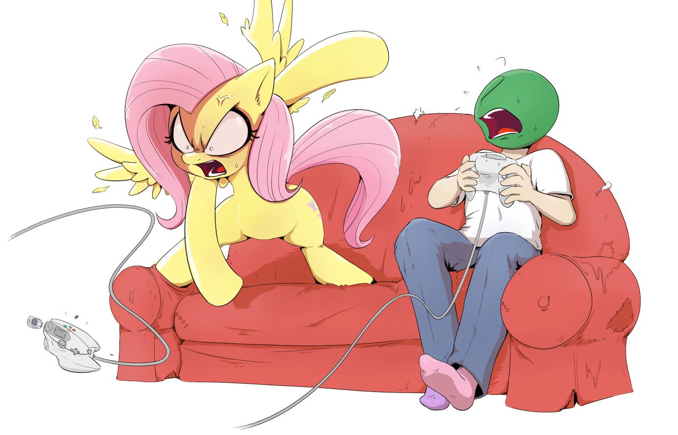 1boy, anger_vein, angry, anonymous_(4chan), blue_pants, colored_skin, controller, couch, dreamcast_controller, english_commentary, faceless, faceless_male, facing_another, fluttershy, long_hair, my_little_pony, my_little_pony:_friendship_is_magic, no_shoes, open_mouth, pants, pink_hair, playing_games, shirt, shoutingisfun, sitting, socks, surprised, sweat, teeth, throwing, tongue, white_background, white_shirt, yellow_skin