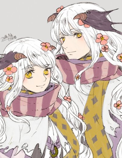 2boys, bangs, brown_scarf, brown_wings, closed_mouth, commentary_request, dated, demon_wings