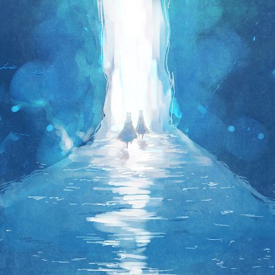 2others, blue_theme, brown_cloak, cloak, commentary_request, full_body, journey, light_particles, light_pillar, lowres, multiple_others, tokio_(okt0w0), traveler_(journey), walking, wide_shot