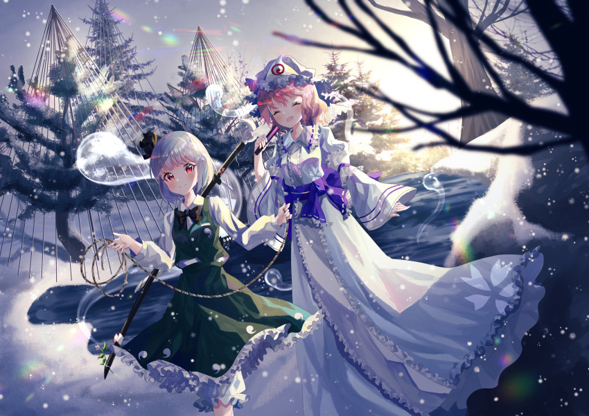2girls, :d, absurdres, bangs, bare_tree, blue_headwear, blue_kimono, closed_eyes