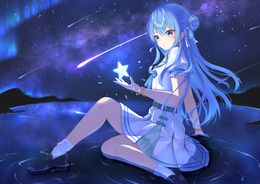 1girl, absurdres, arm_support, bangs, belt, black_footwear, blue_belt, blue_eyes