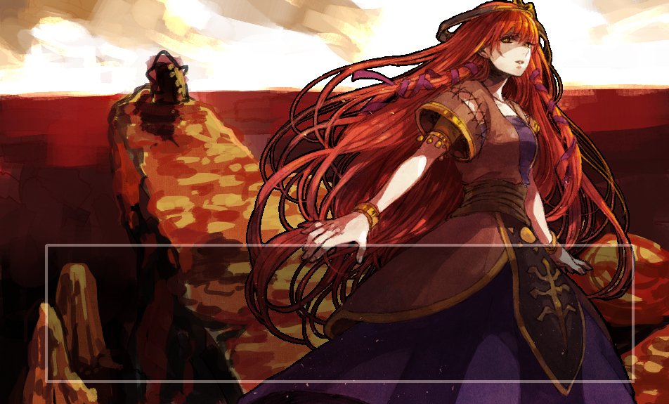 1girl, bangs, black_sash, bracelet, breasts, brown_shirt, chrono_cross, cliff