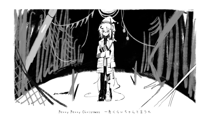 1girl, a.i._voice, adachi_rei, bangs, black_gloves, border, cable, christmas