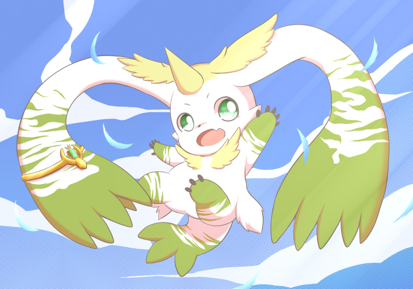 blonde_hair, blue_sky, clouds, commentary_request, day, digimon, digimon_(creature), ear_ornament, falling_feathers, fang, feathers, full_body, gem, green_eyes, green_gemstone, halftone, hands_up, highres, horns, jewelry, looking_at_viewer, no_humans, open_mouth, outdoors, single_horn, skin_fang, sky, smile, solo, terriermon_x, toruu_(kzpm2483)
