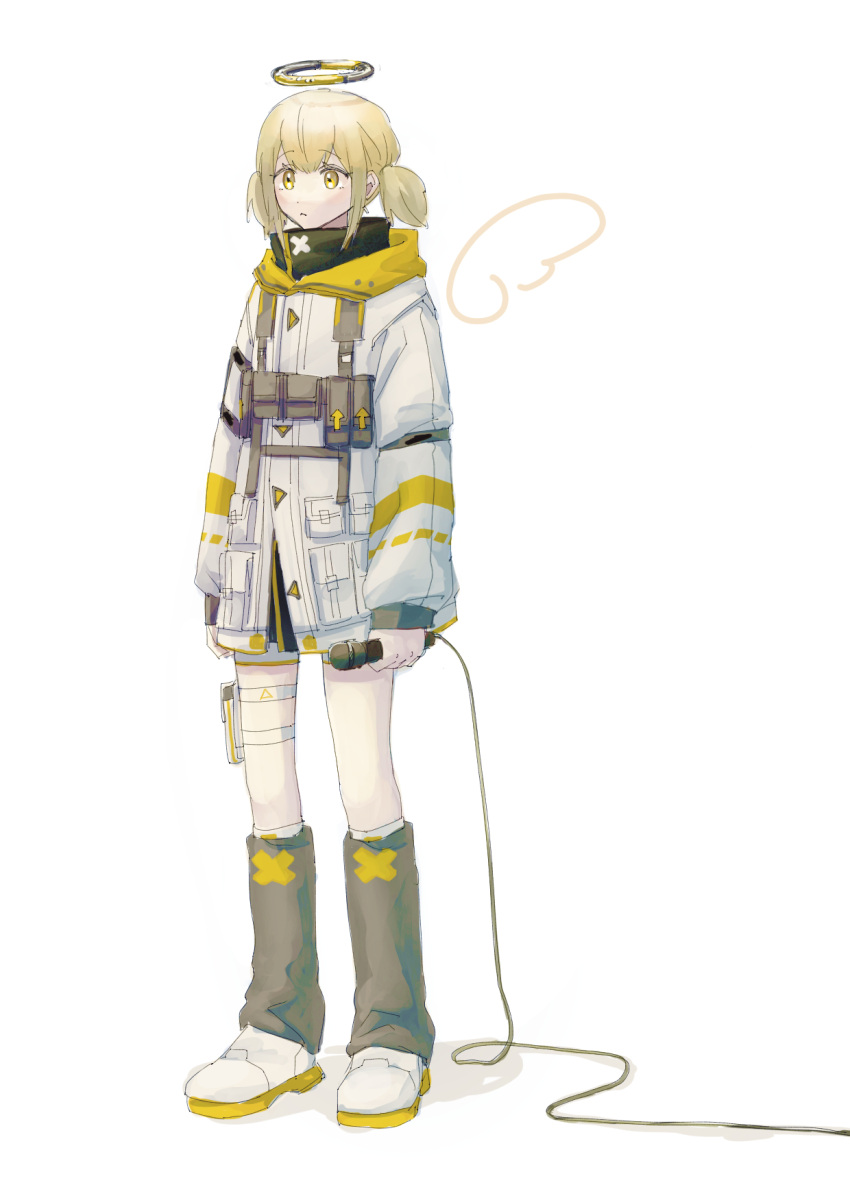 1girl, arrow_(symbol), azusawa_kohane, blonde_hair, boots, close_game/offline_(project_sekai), drawn_wings, full_body, grey_leg_warmers, halo, highres, holding, holding_microphone, jacket, leg_warmers, long_sleeves, looking_to_the_side, mechanical_halo, microphone, pouch, project_sekai, short_twintails, solo, thigh_strap, twintails, white_footwear, white_jacket, yellow_eyes, yngpeaceful
