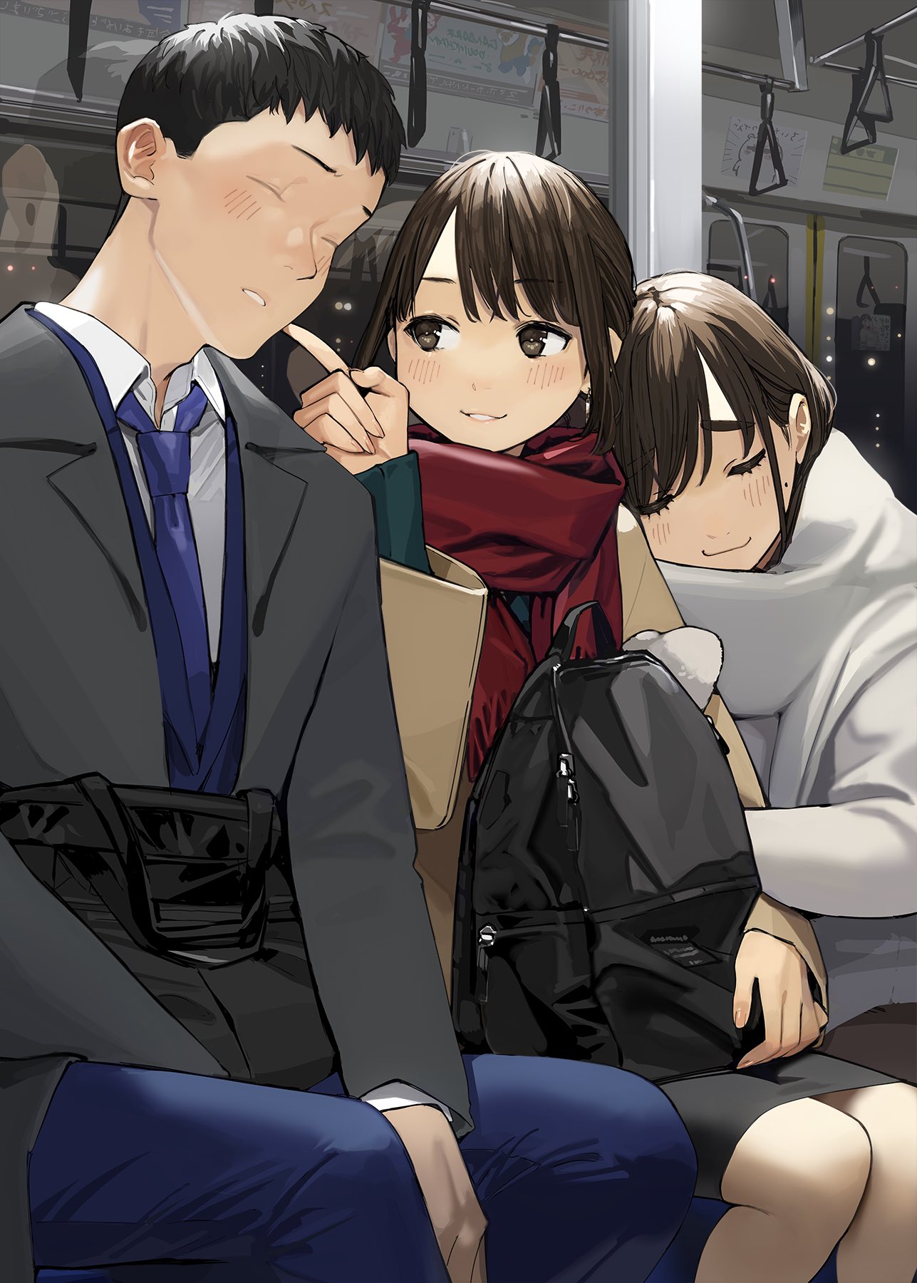 1boy, 2girls, bag, black_hair, blue_necktie, blue_pants, blush, brown_coat