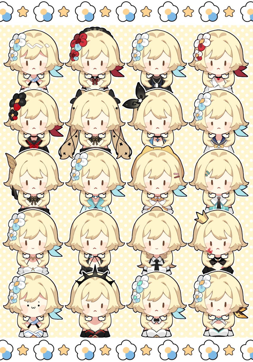 6+girls, :<, :3, bangs, black_bow, black_bowtie, black_dress, black_flower