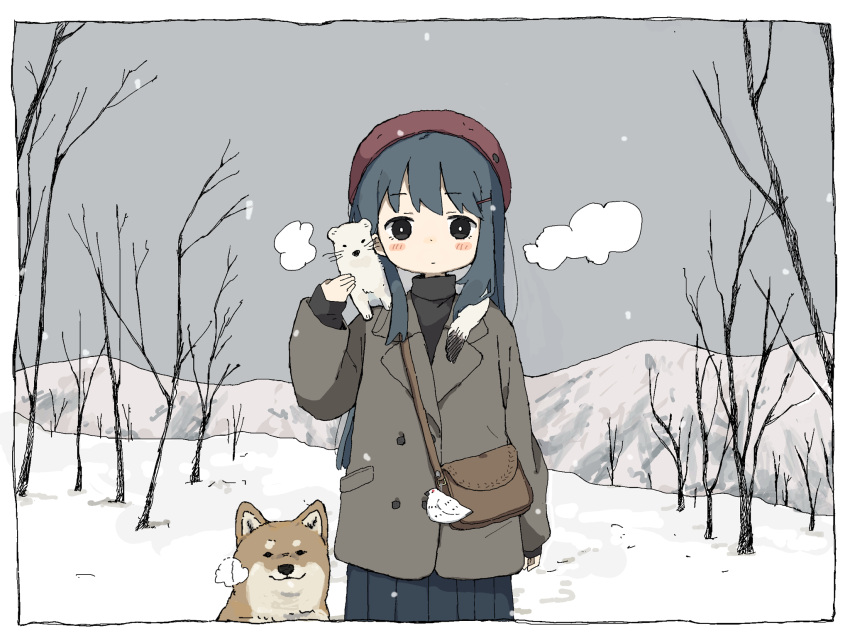 156m, 1girl, :|, animal, animal_on_shoulder, arm_at_side, bag, bag_charm