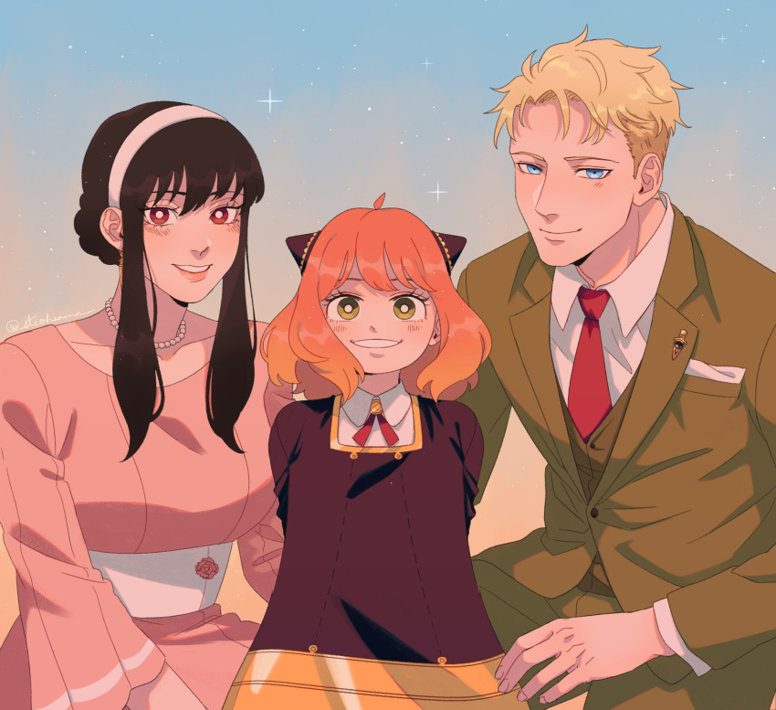 1boy, 2girls, anya_(spy_x_family), bangs, black_dress, black_hair, blonde_hair, blue_eyes, cone_hair_bun, dress, dress_shirt, eden_academy_school_uniform, family, father_and_daughter, female_child, formal, green_eyes, green_suit, hair_bun, hairband, hairpods, highres, husband_and_wife, isahnas, long_hair, long_sleeves, looking_at_viewer, mother_and_daughter, multiple_girls, necktie, open_mouth, pink_dress, pink_hair, red_eyes, red_necktie, school_uniform, shirt, short_hair, sidelocks, smile, spy_x_family, suit, twilight_(spy_x_family), white_shirt, yor_briar